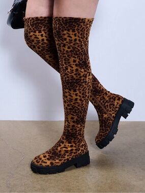 Leopard Print Over-The-Knee Chunky Sole Boots - Brown